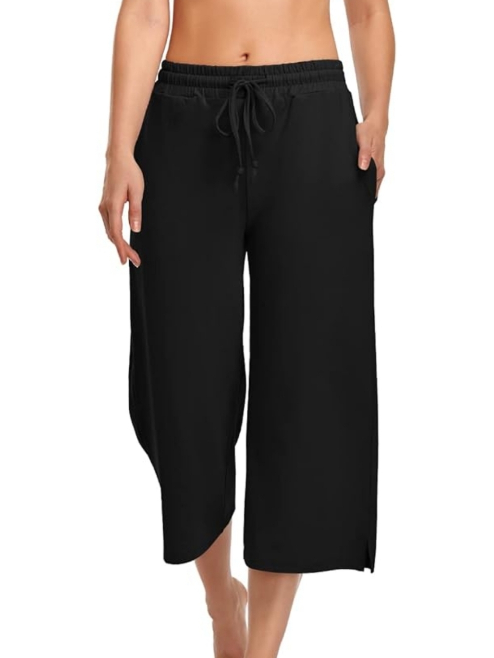 Women's Black Wide-Leg Cropped Drawstring Pants